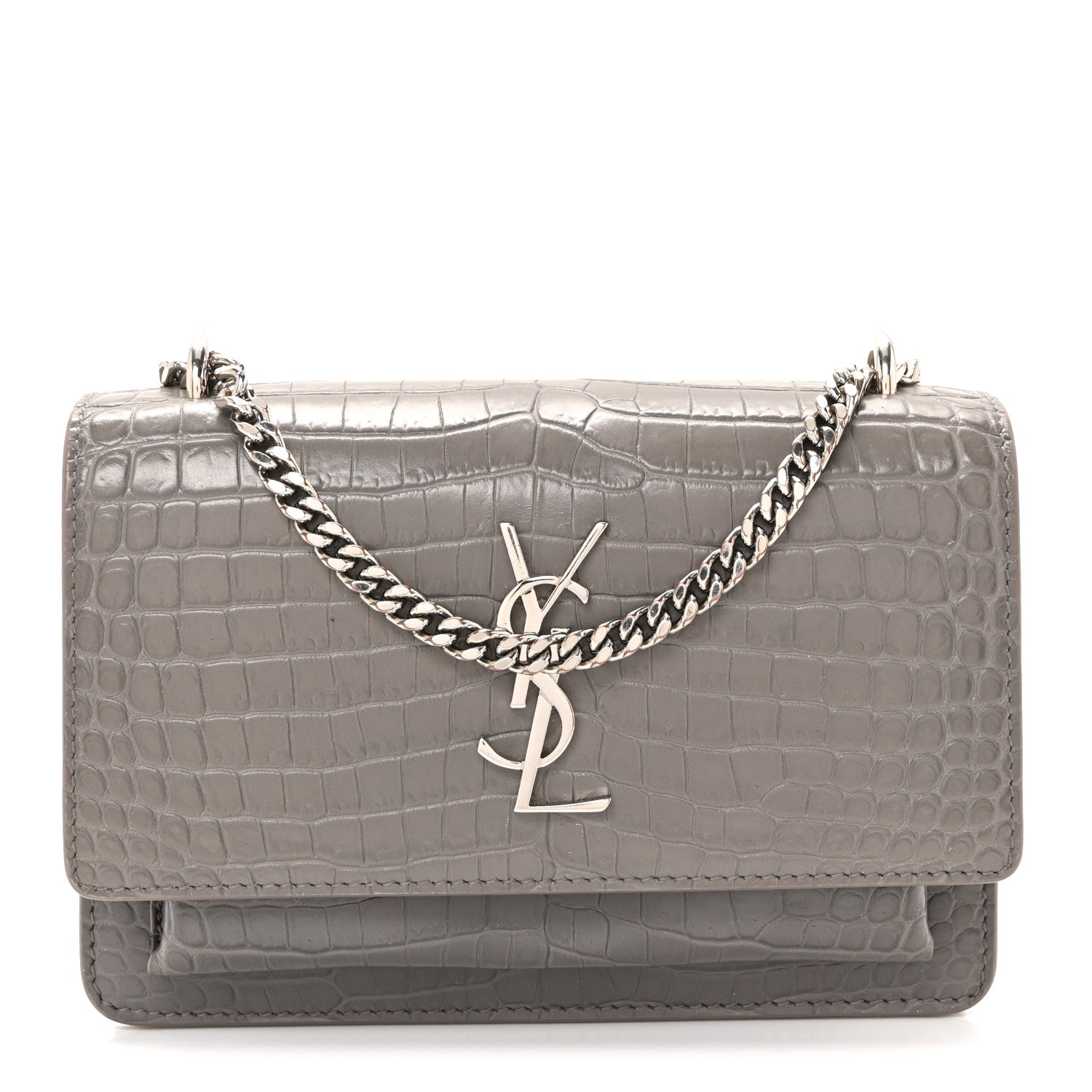 Saint Laurent Calfskin Crocodile Embossed Monogram Sunset Chain Wallet Grey 1 of 17
