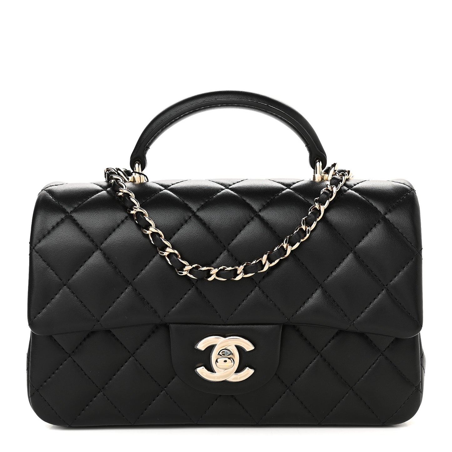 Lambskin Quilted Mini Top Handle Rectangular Flap Black