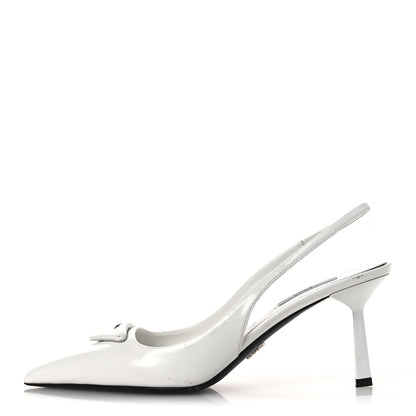 Prada Spazzolato Triangle Logo Pointed Toe 75mm Slingback Pumps 38 White 1 of 13