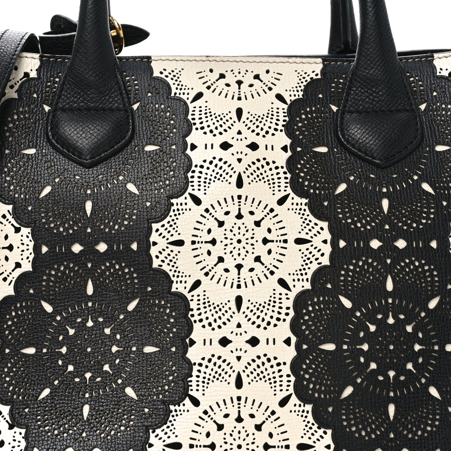 Grainy Calfskin Perforated Medium Broguing Banner Tote White Black
