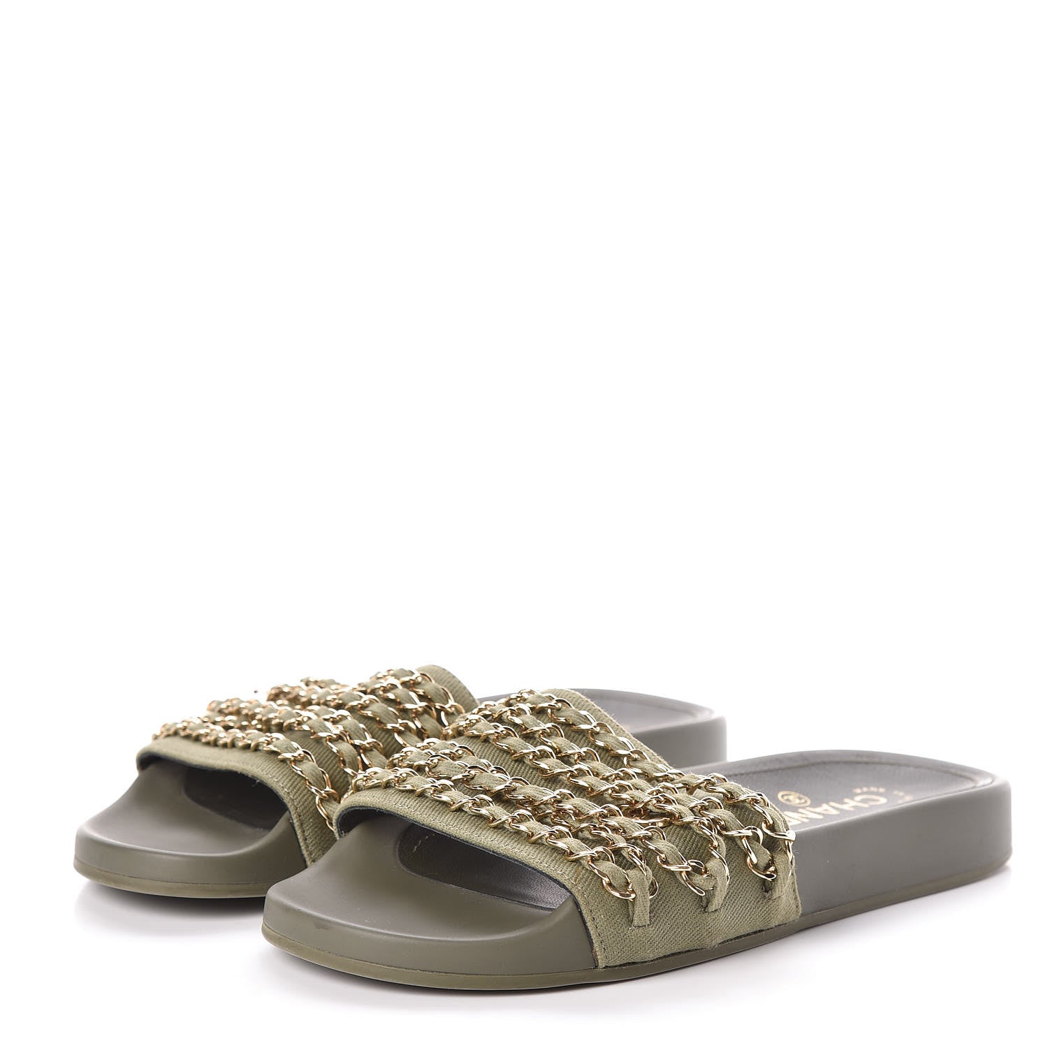 Chanel Canvas Chain Flat Sandals 37 Khaki 4 of 9