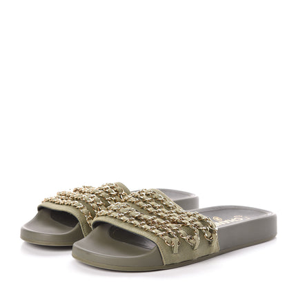 Chanel Canvas Chain Flat Sandals 37 Khaki 4 of 9