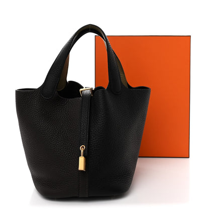 Hermes Taurillon Clemence Casaque Picotin Lock 18 PM Black Ebene Trench 11 of 11