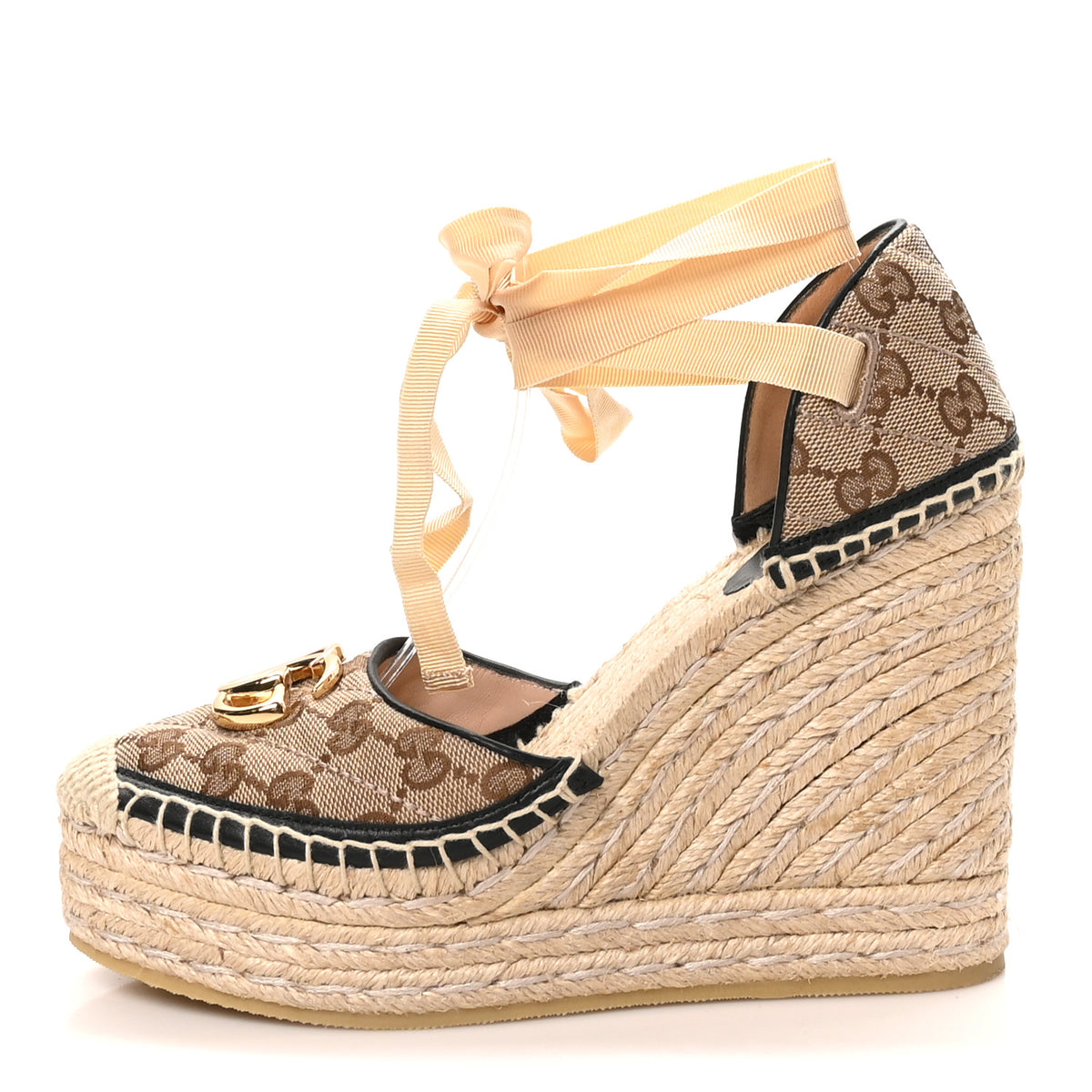 Gucci Monogram Matelasse GG Marmont Ankle Wrap Platform 35/120mm Espadrille Wedges 37.5 Beige Ebony Black Sand Storm 1 of 9