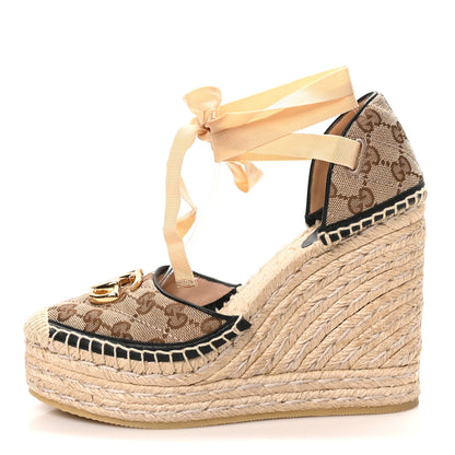 Gucci Monogram Matelasse GG Marmont Ankle Wrap Platform 35/120mm Espadrille Wedges 37.5 Beige Ebony Black Sand Storm 1 of 9