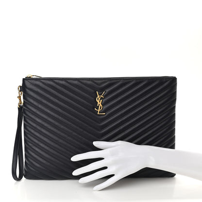 Saint Laurent Calfskin Matelasse Chevron Monogram Document Holder Marine 2 of 7