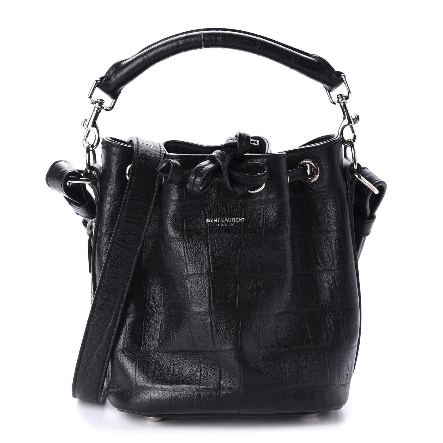 Calfskin Crocodile Embossed Small Emmanuelle Bucket Bag Black