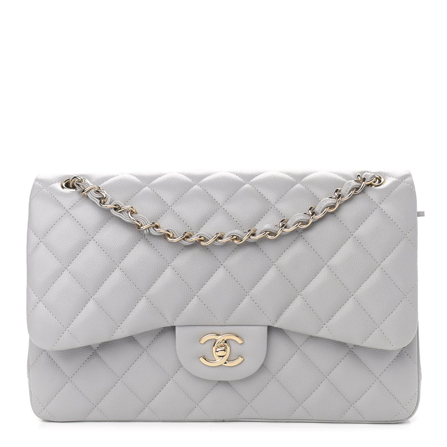 Caviar Quilted Jumbo Double Flap Light Grey