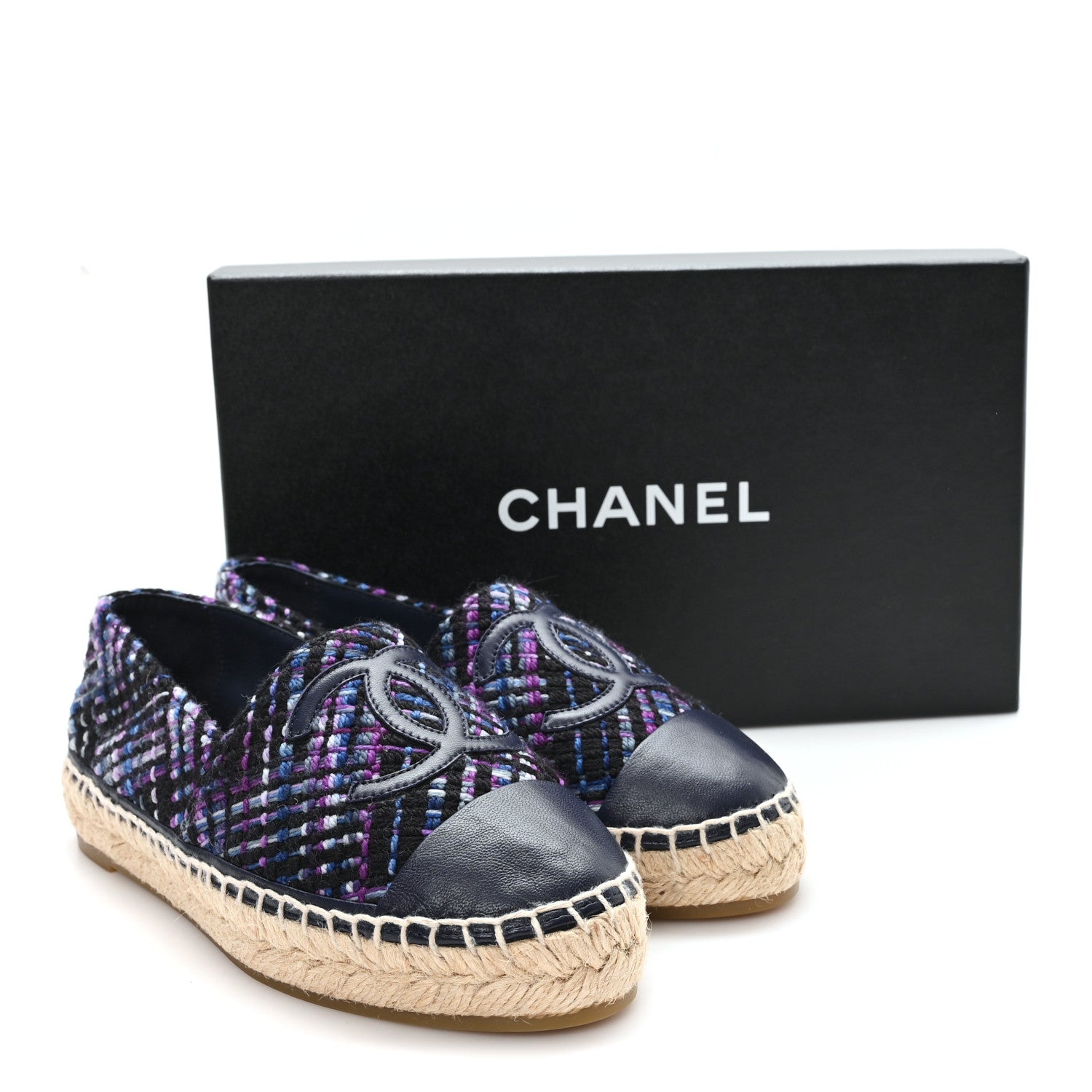 Chanel Tweed Grosgrain CC Espadrilles 35 Purple Black Navy 8 of 10