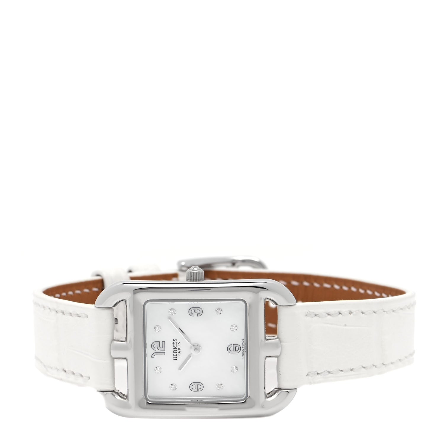 Hermes Stainless Steel Alligator Diamond Mother of Pearl 23mm Cape Cod Quartz Watch Blanc 2 of 5