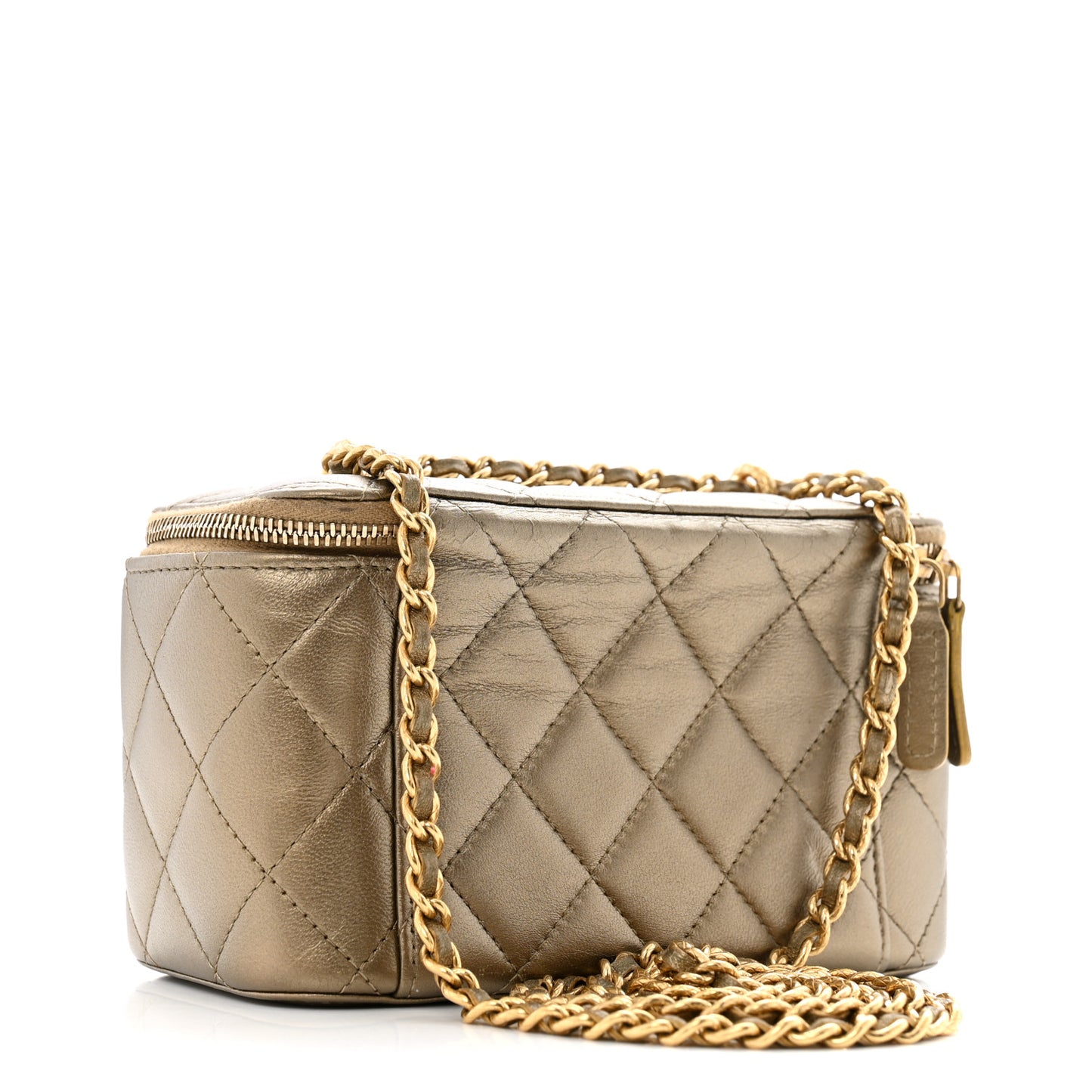 Metallic Lambskin Quilted Small CC Vanity Case With Chain Gold Gold