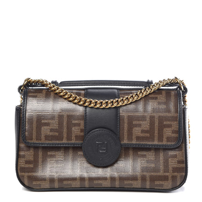 Fendi Vitello Grace Glazed Fabric FF 1974 Double F Shoulder Bag Black Mogano Panna 1 of 10