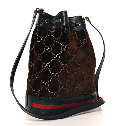 Gucci Velvet GG Monogram Textured Calfskin Web Bucket Bag Brown Black 3 of 10