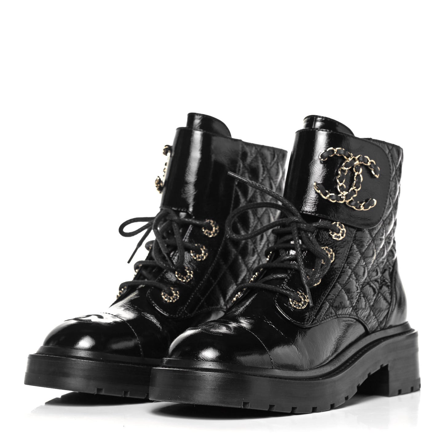 Shiny Calfskin Quilted Lace Up Combat Boots 36 Black