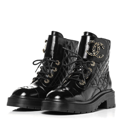 Chanel Shiny Calfskin Quilted Lace Up Combat Boots 36 Black 3 of 7