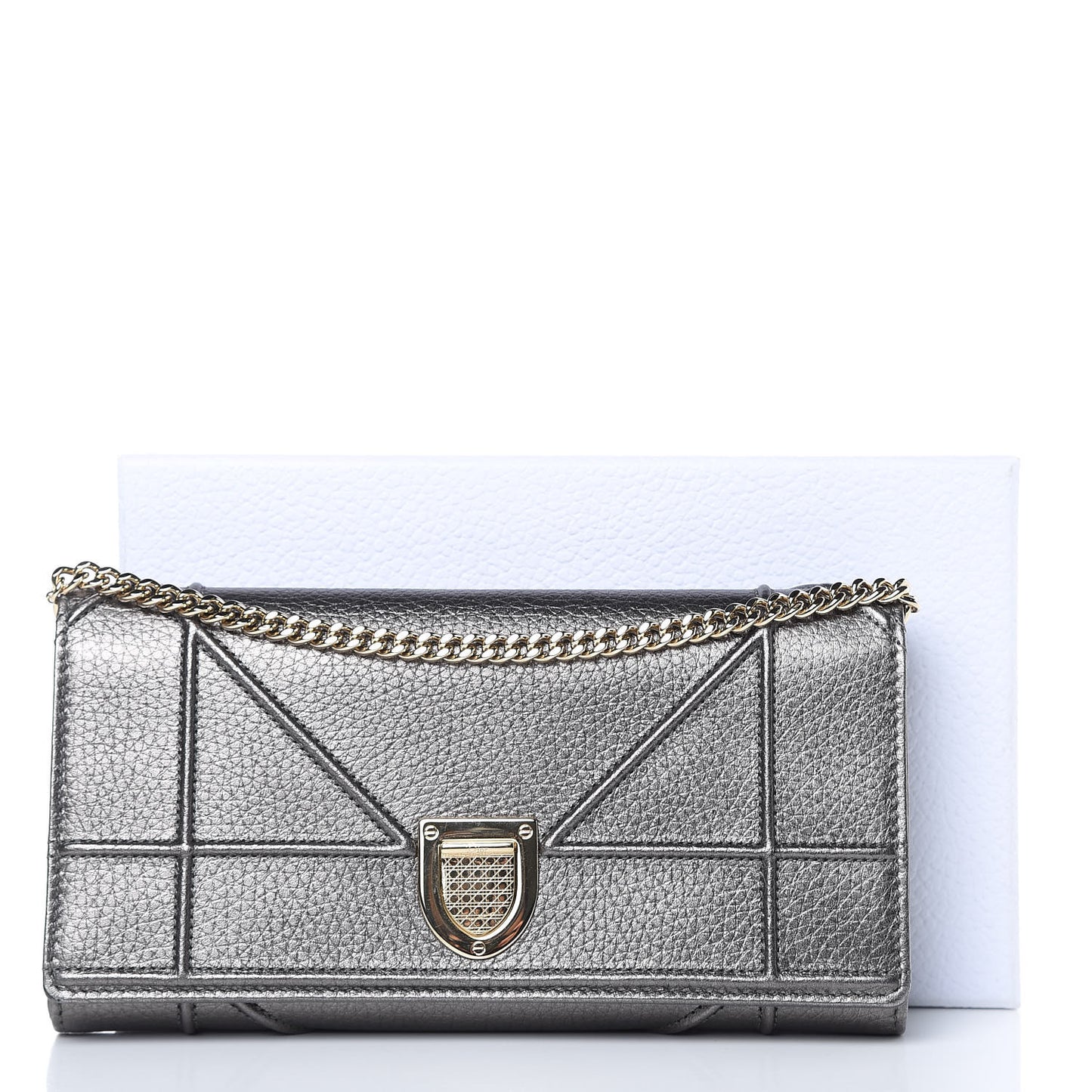 Metallic Grained Calfskin Diorama Croisiere Chain Wallet Gunmetal Grey