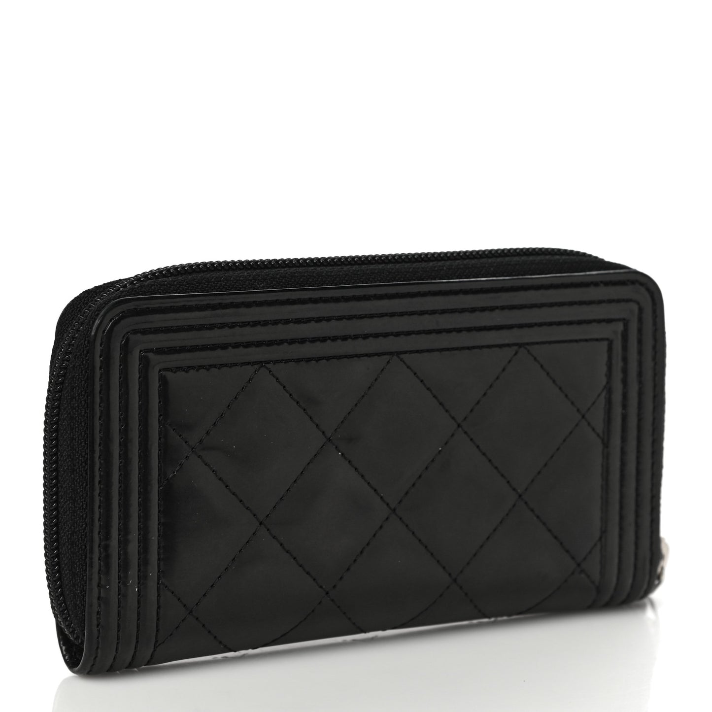 Glazed Calfskin Quilted Small Boy Zip Around Wallet Black