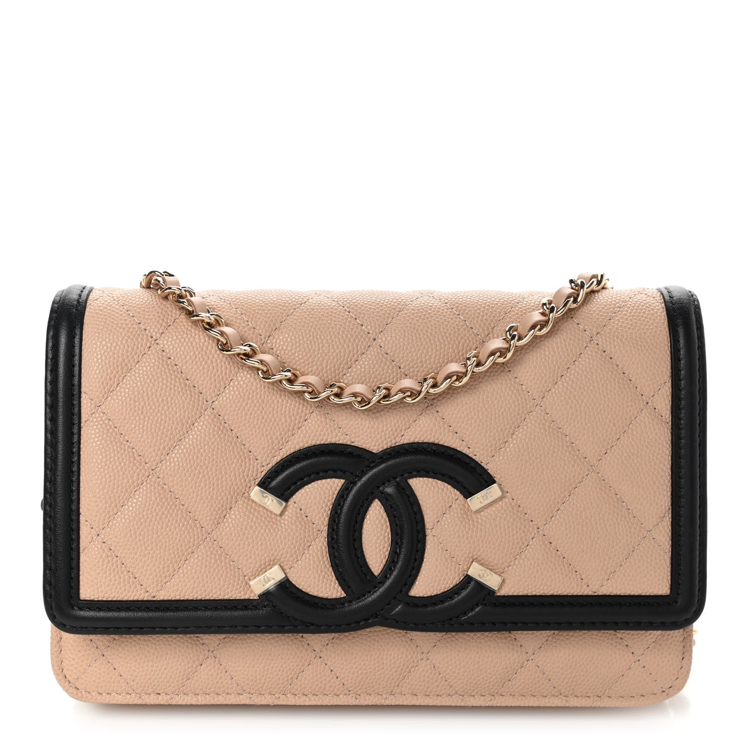 Chanel Caviar Quilted CC Filigree Wallet On Chain WOC Beige Black 1 of 11