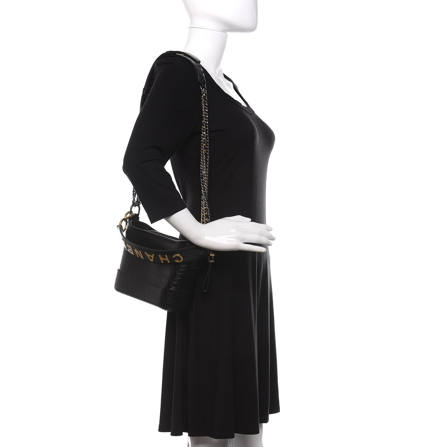 Chanel Calfskin Crocodile Embossed Small Gabrielle Cocodile Hobo Black 2 of 12