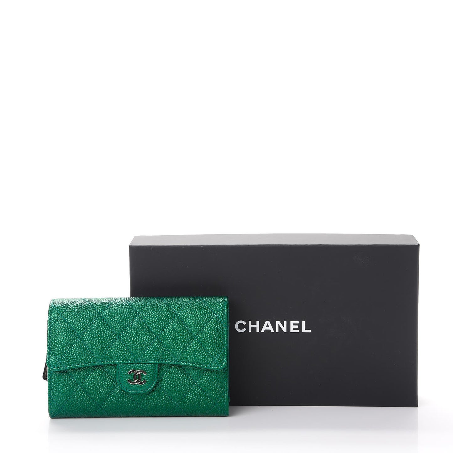 Metallic Caviar Quilted Medium Flap Wallet Green