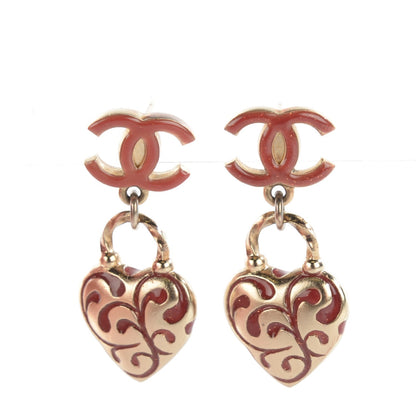 Chanel Resin Lioubov Heart CC Drop Earrings Burgundy Gold 1 of 7