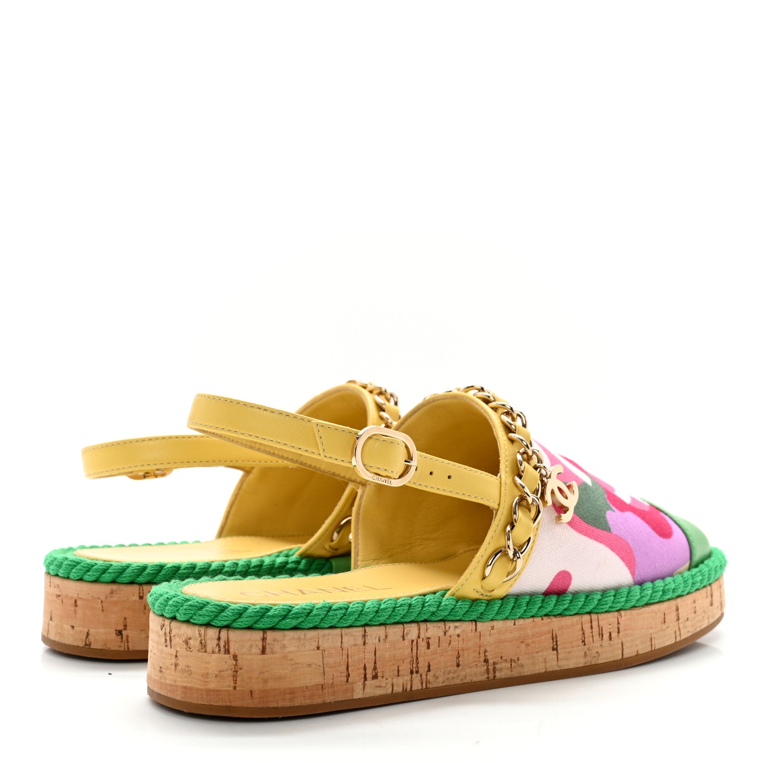 Chanel Lambskin Cotton Cork Printed Cap Toe Chain Mules Sandals 36 Multicolor Green 4 of 13