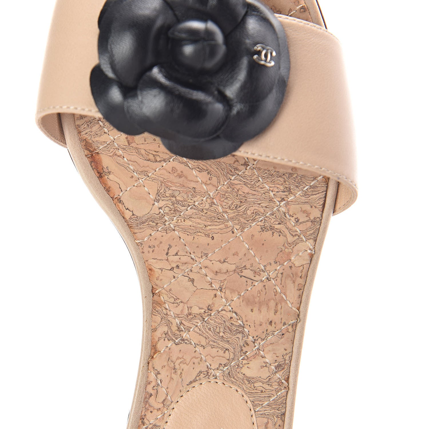 Chanel Lambskin Cork Camellia Sandals 37 Beige 5 of 8