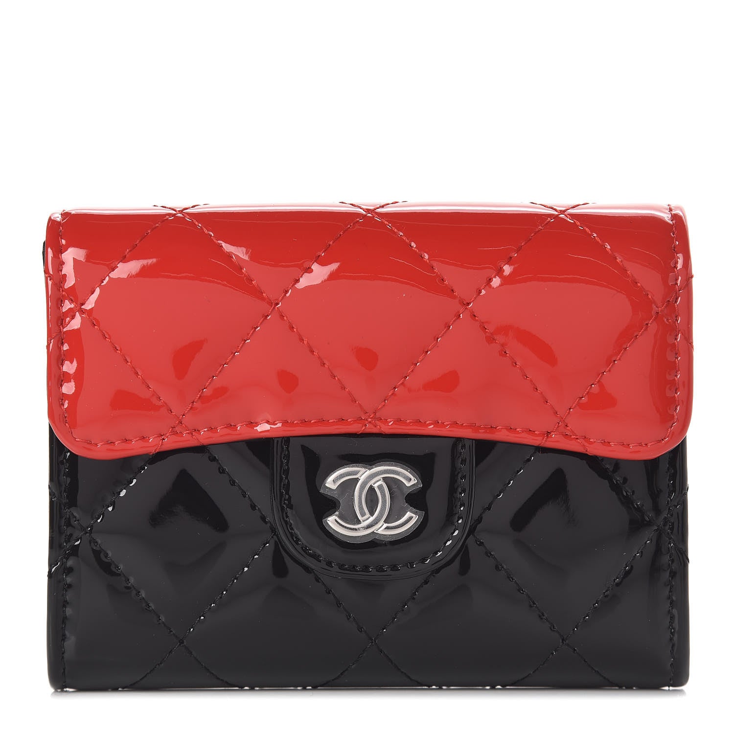 Chanel Patent Quilted Bi-Color Flap Card Holder Wallet Black Red 1 of 9