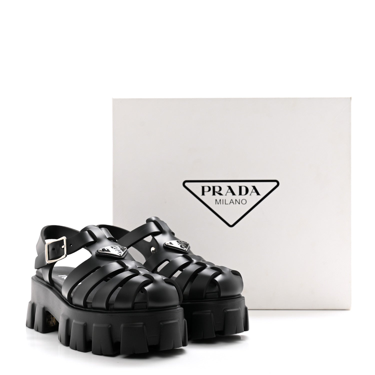 Prada Foam Rubber Triangle Logo Monolith 55mm Cage Sandals 39 Black 9 of 9