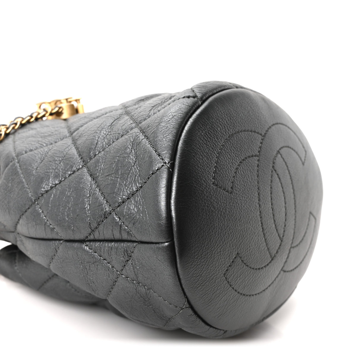 Chanel Metallic Lambskin Quilted Pearl Crown Drawstring Bag Anthracite 9 of 11