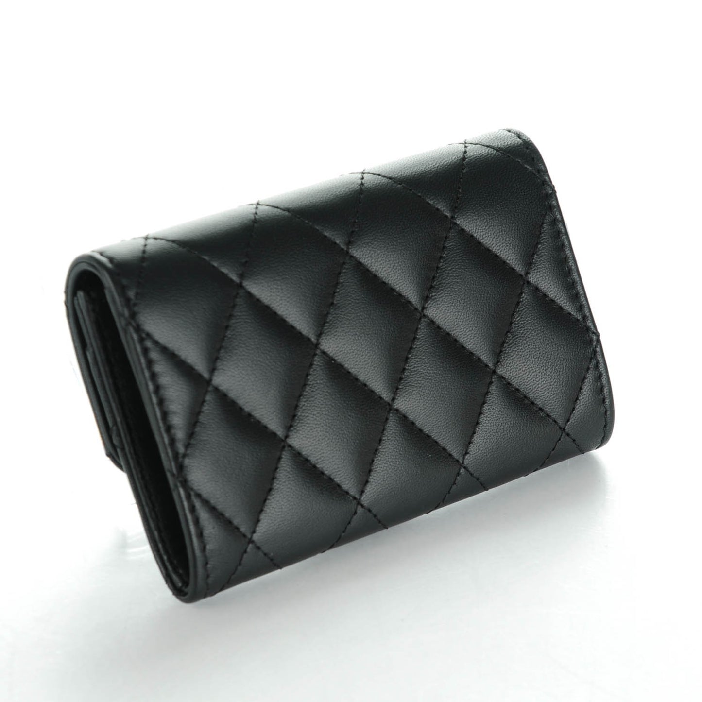 Lambskin Quilted Flap Card Holder Black