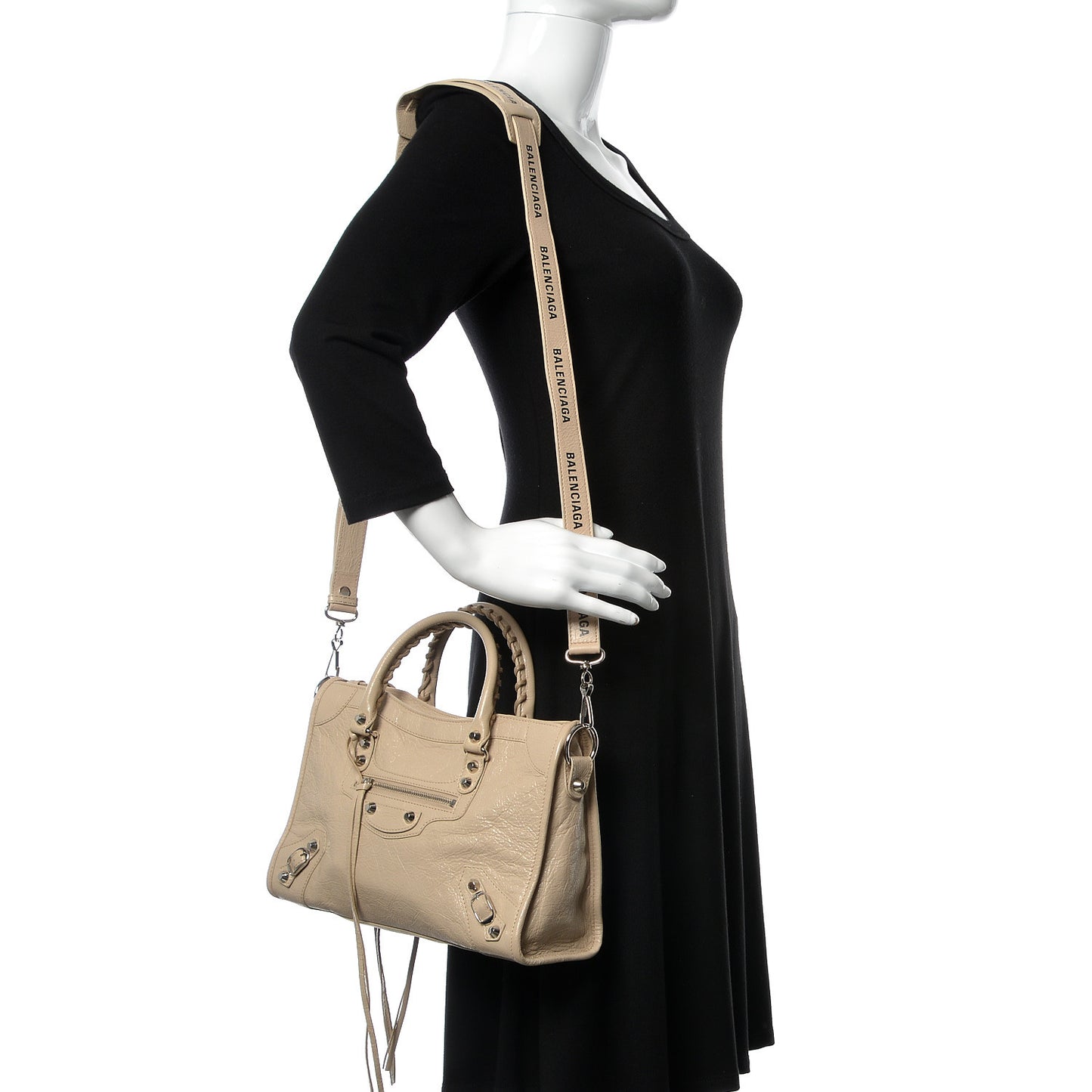 Agneau Classic Silver Hardware S City Logo Strap Light Beige Black