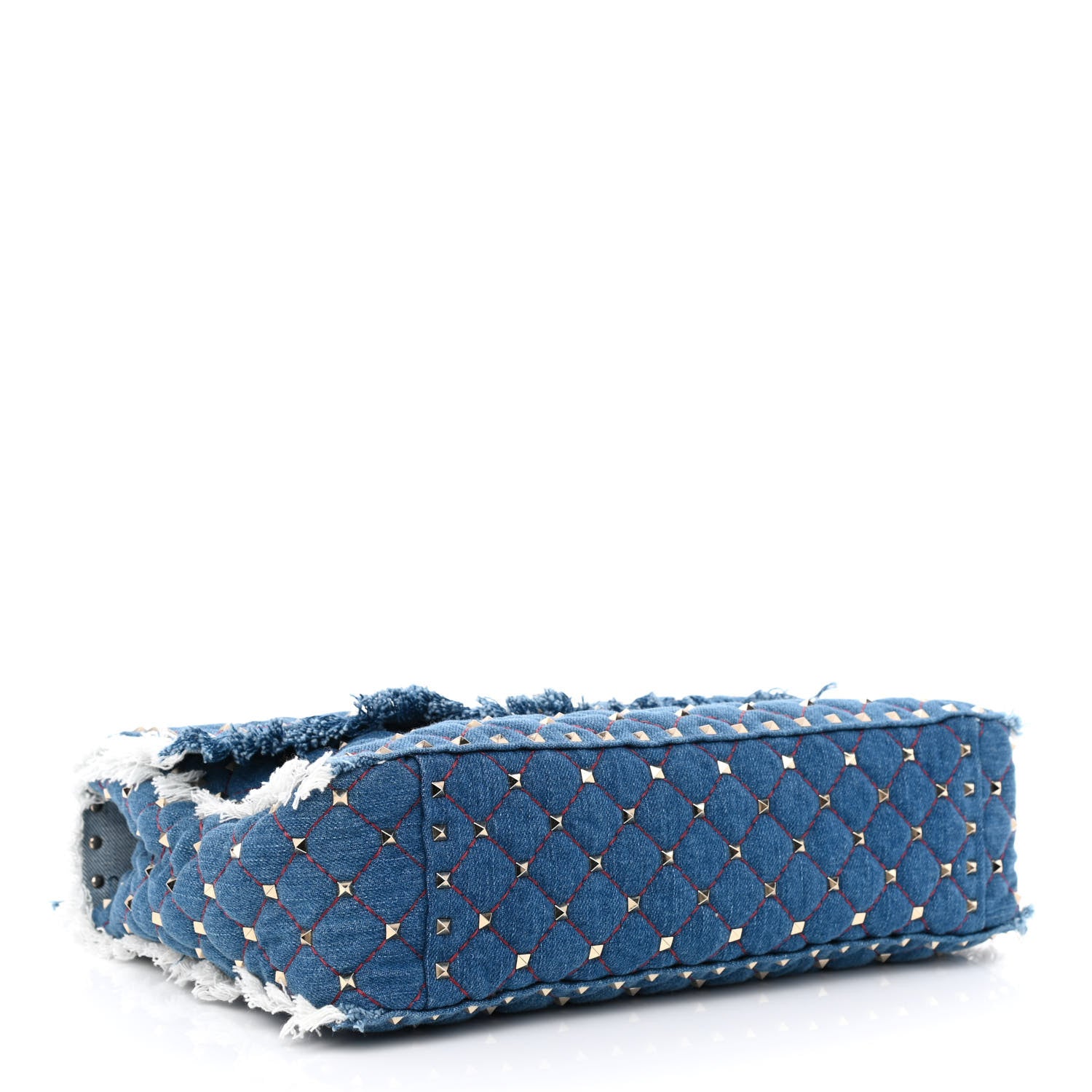 Valentino Garavani Denim Fringe Maxi Rockstud Spike Shoulder Bag Blue 4 of 10