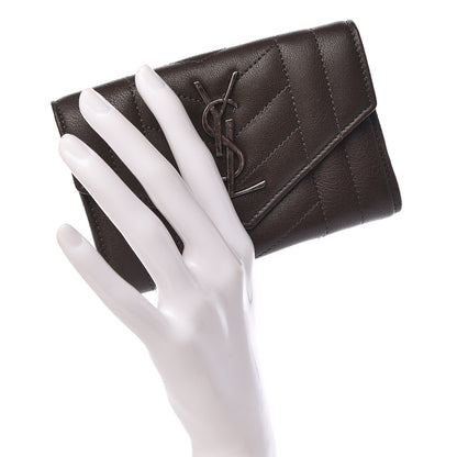 Saint Laurent Lambskin Mixed Matelasse Chevron Small Monogram Envelope Wallet Dark Brown 2 of 8