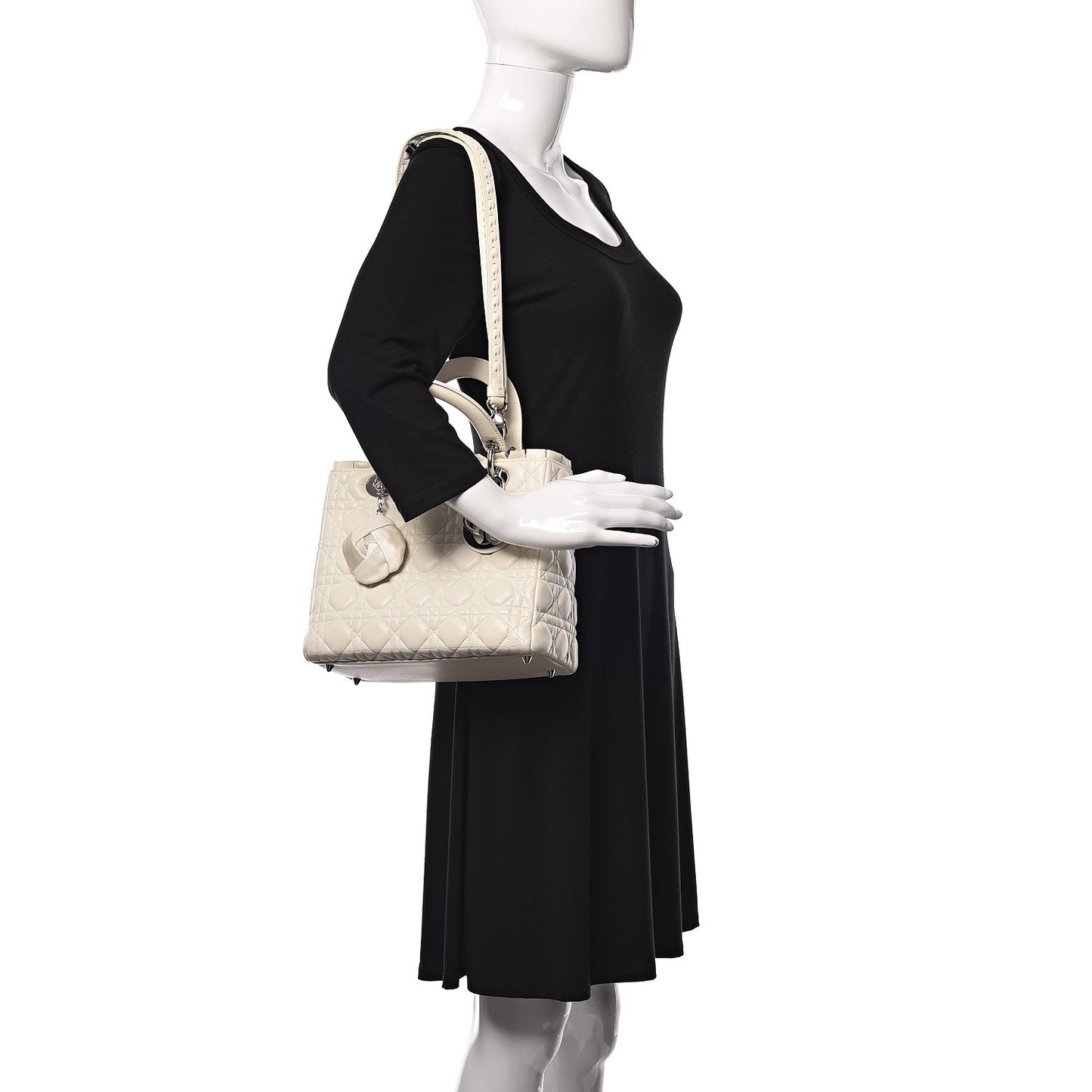 Lambskin Cannage Ruffle Trim Medium Lady Dior Off White