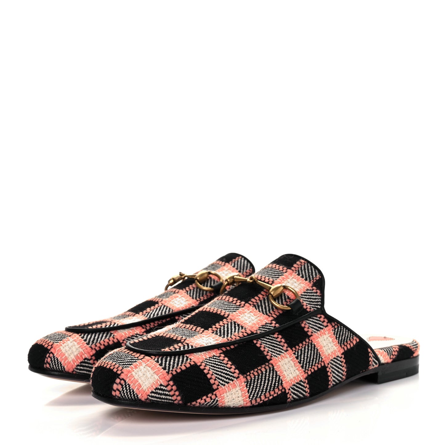Tweed Calfskin Damier Womens Princetown Slippers 38 Black Pink Multicolor