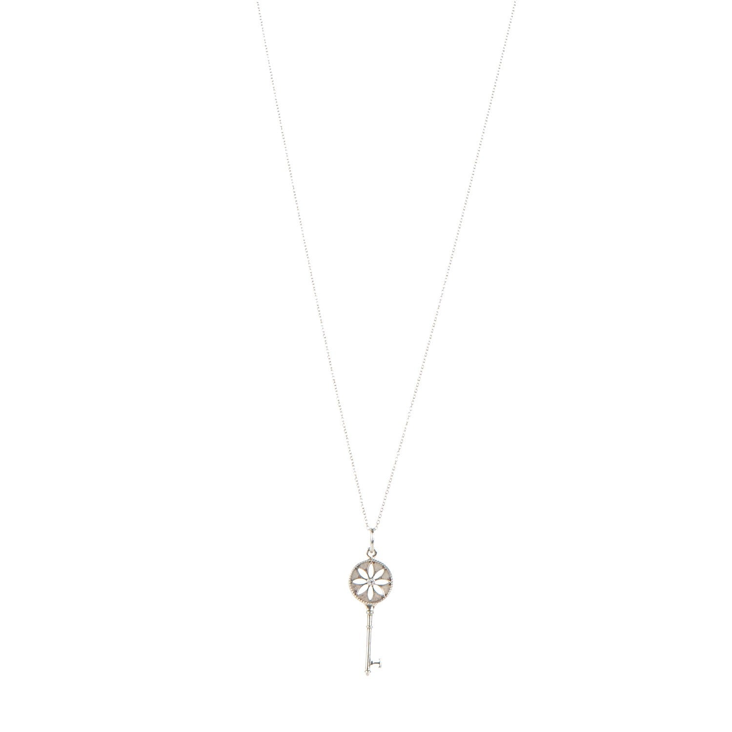 Tiffany Sterling Silver Diamond Small Daisy Key Pendant Necklace 1 of 7
