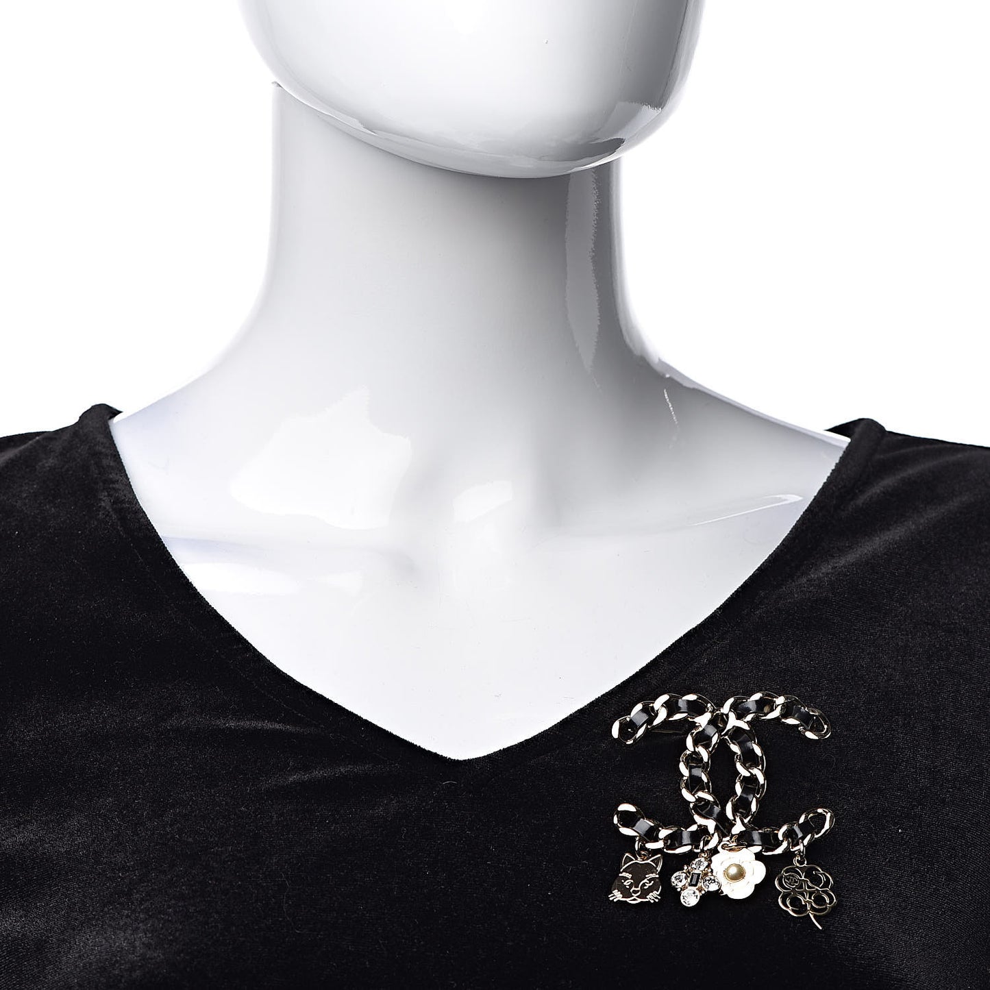 Lambskin Crystal Chain CC Charms Brooch Black Gold