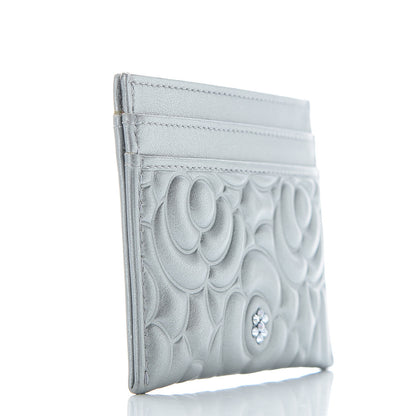 Chanel Metallic Lambskin Crystal Camellia Embossed Card Holder Silver 3 of 11