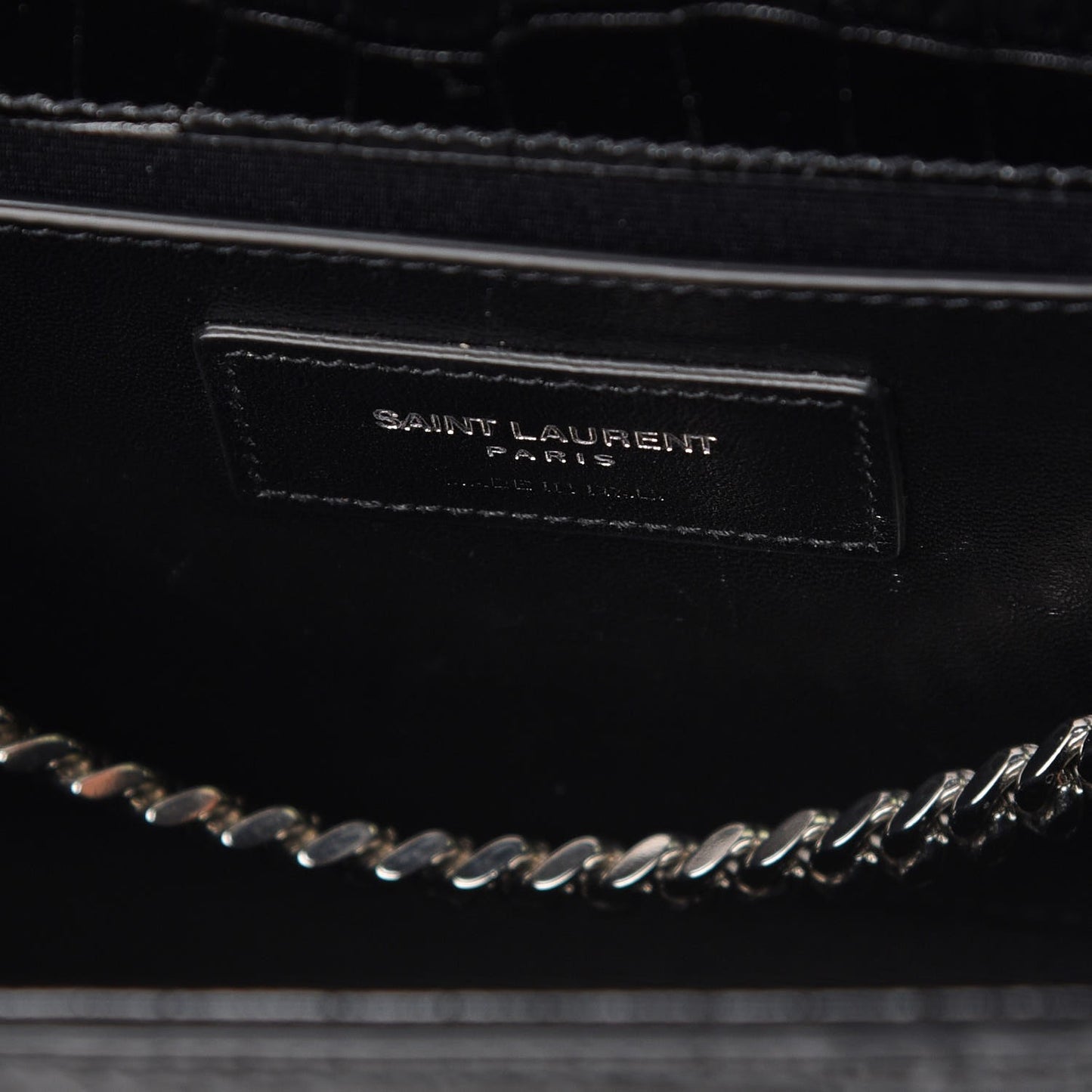 Calfskin Crocodile Embossed Medium Classic Monogram Kate Tassel Satchel Black