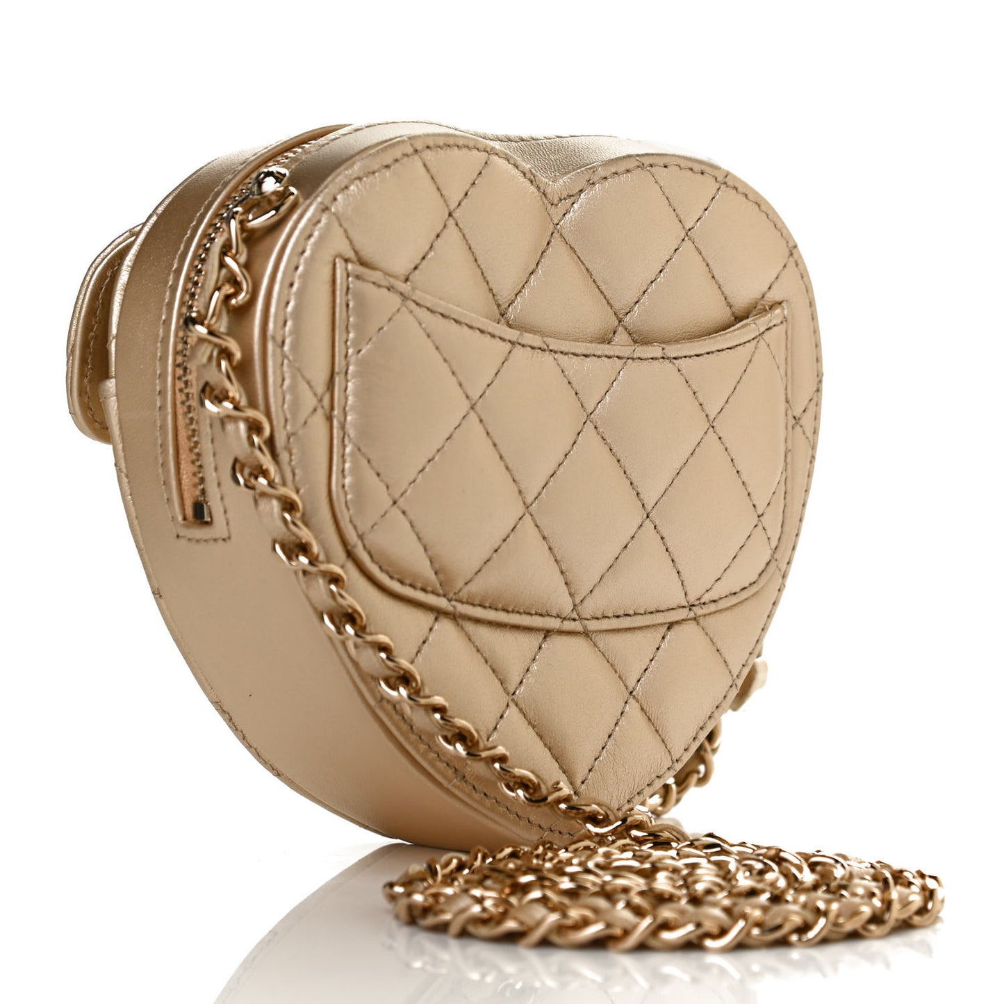 Metallic Lambskin Quilted CC In Love Heart Clutch With Chain Gold
