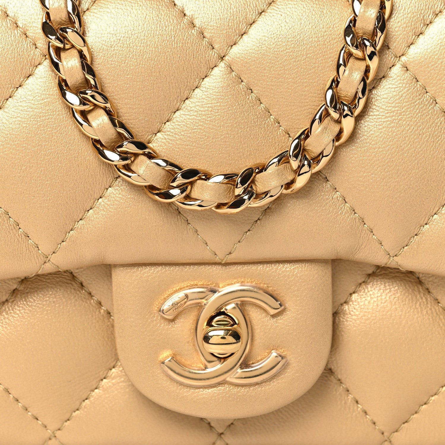 Chanel Metallic Lambskin Resin Quilted Top Handle Mini Flap Gold