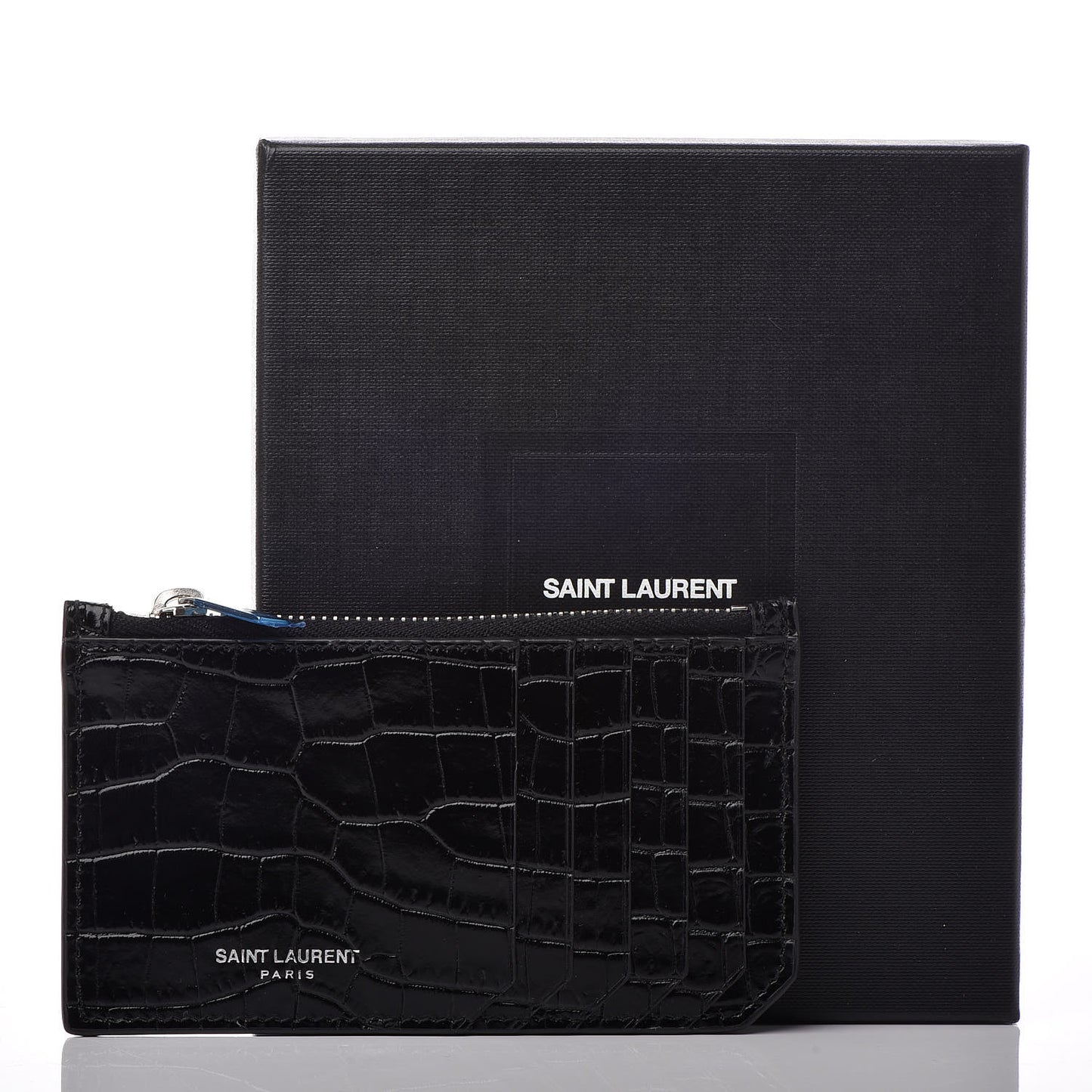 Calfskin Crocodile Embossed 5 Fragments Zip Card Case Black