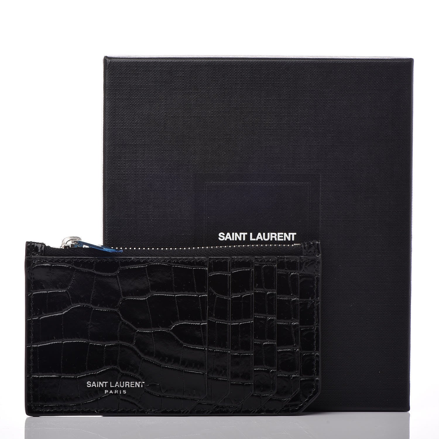 Saint Laurent Calfskin Crocodile Embossed 5 Fragments Zip Card Case Black 7 of 7