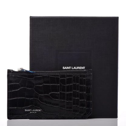 Saint Laurent Calfskin Crocodile Embossed 5 Fragments Zip Card Case Black 7 of 7