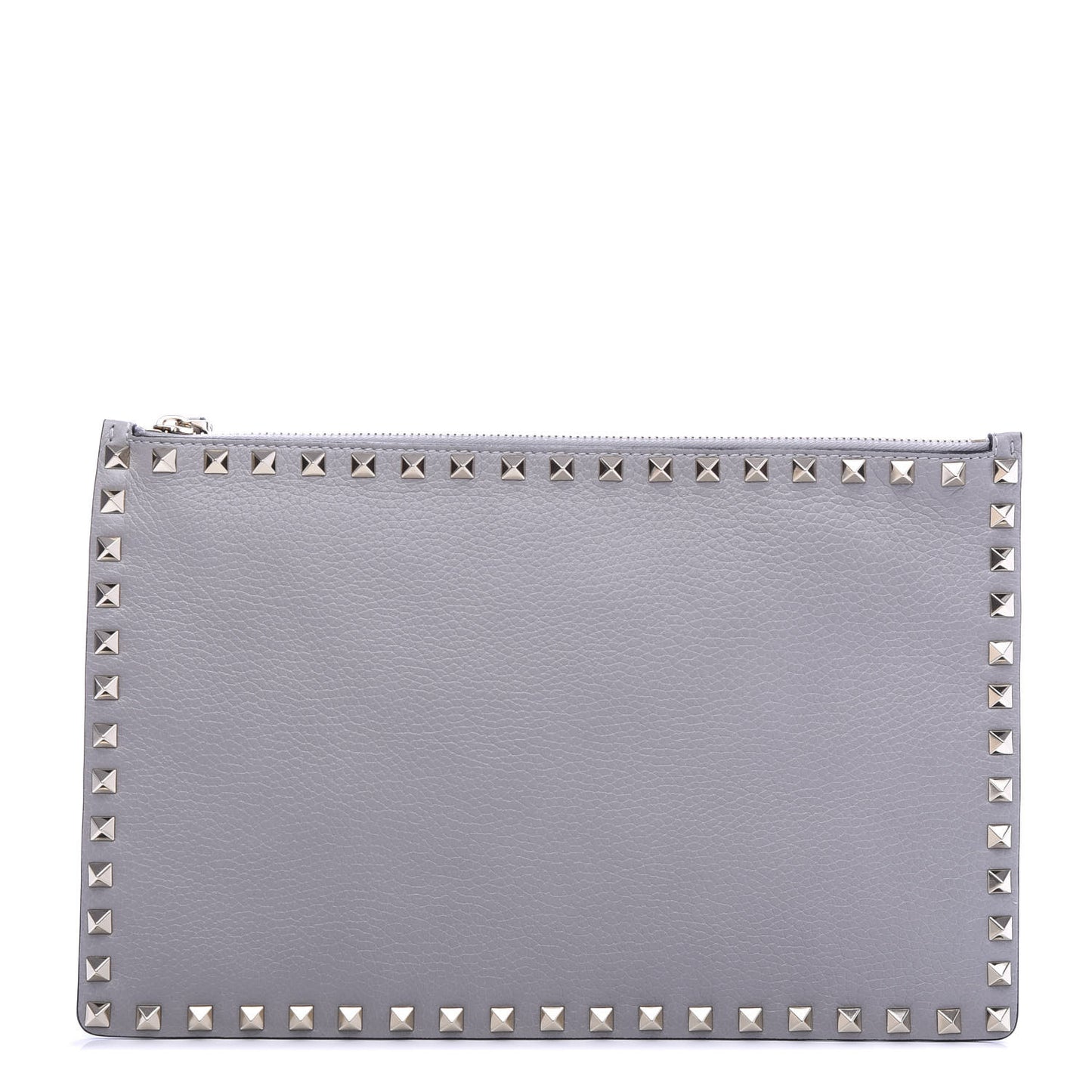 Pebbled Calfskin Large Rockstud Zip Pouch Pastel Grey