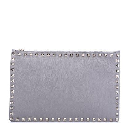Valentino Garavani Pebbled Calfskin Large Rockstud Zip Pouch Pastel Grey 1 of 6
