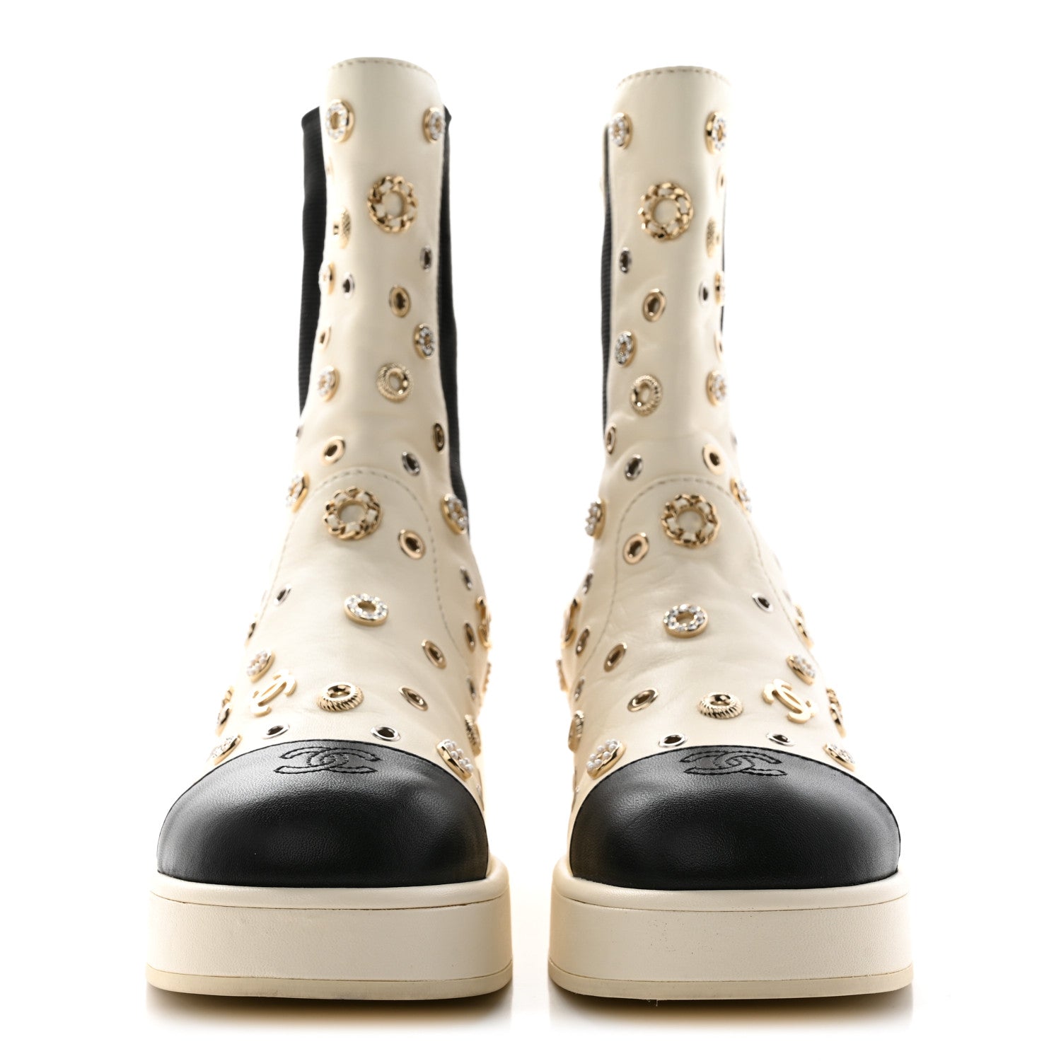 Chanel Lambskin Riveted Cap Toe Short Boots 38 Ivory Black 2 of 10