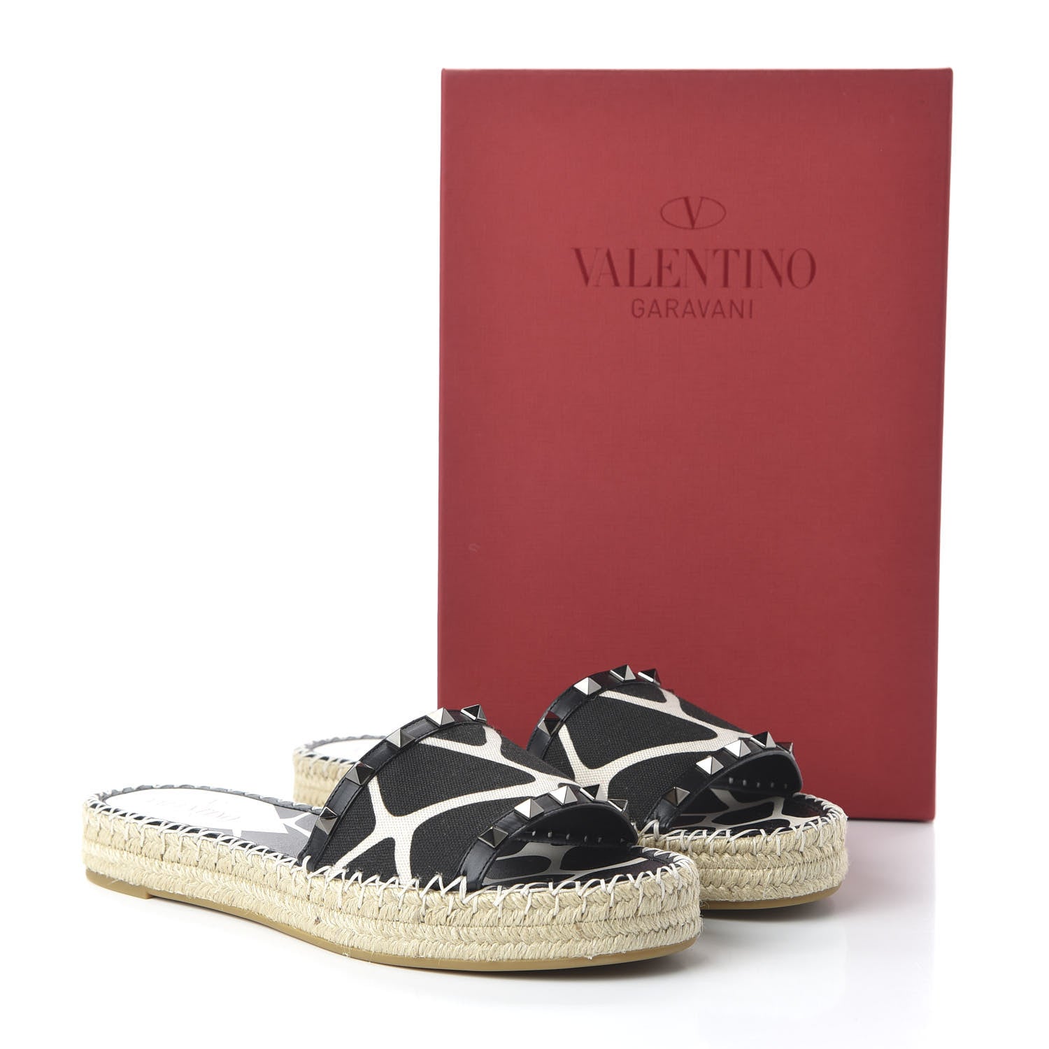 Valentino Garavani Canvas Giraffe Rockstud Espadrille Flat Slide Sandals 39 Black White 9 of 10