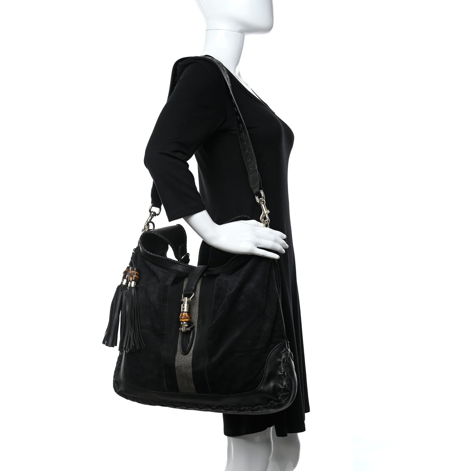 Gucci Calfskin Suede Large New Jackie Web Shoulder Bag Black 2 of 9